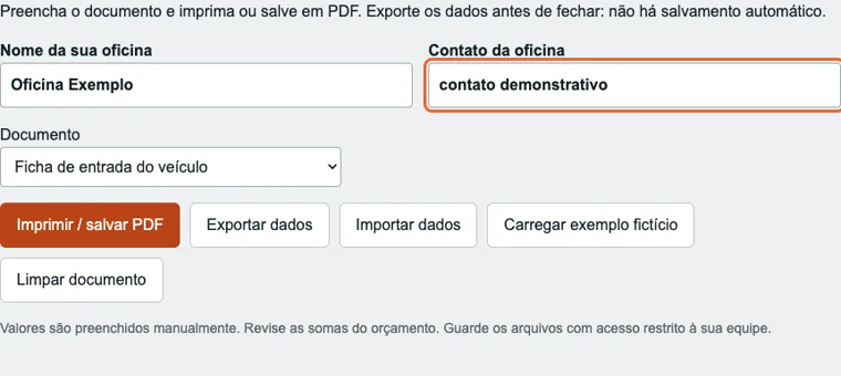 Tela para colocar os dados da oficina