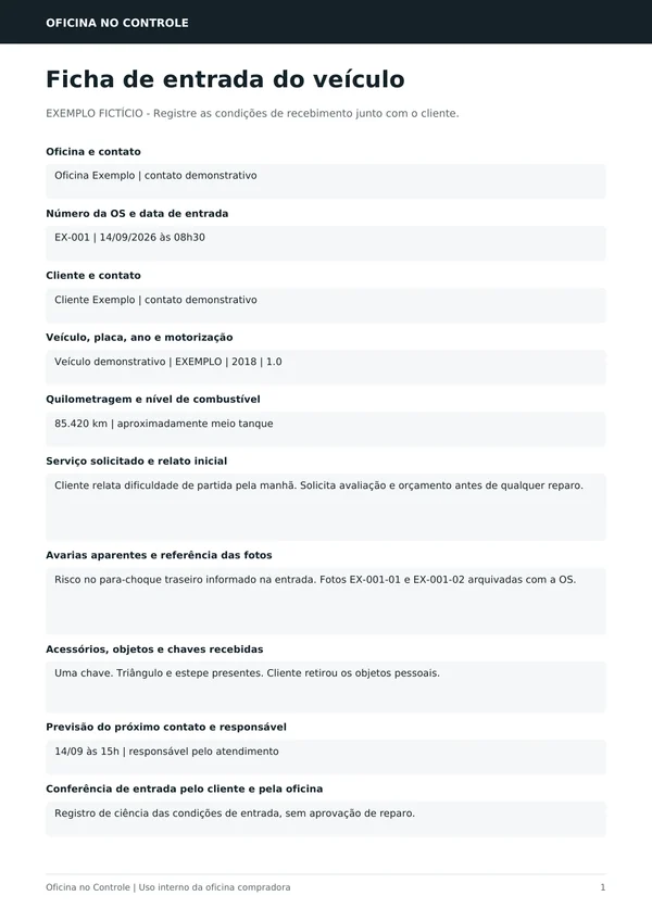 Ficha de entrada real do kit, preenchida com dados fictícios