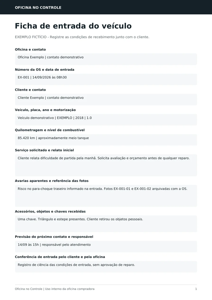 Exemplo de formulário de entrada de veículo