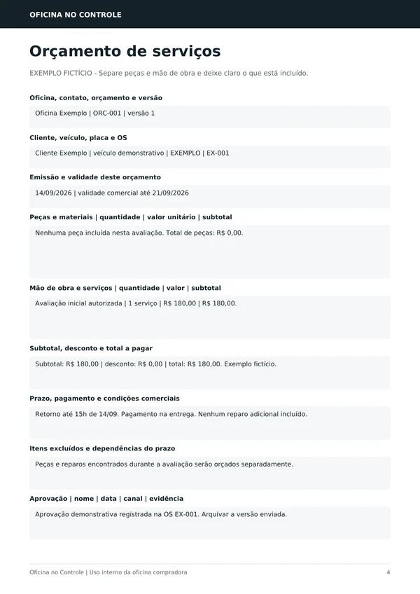 Orçamento de serviços preenchido com um exemplo fictício