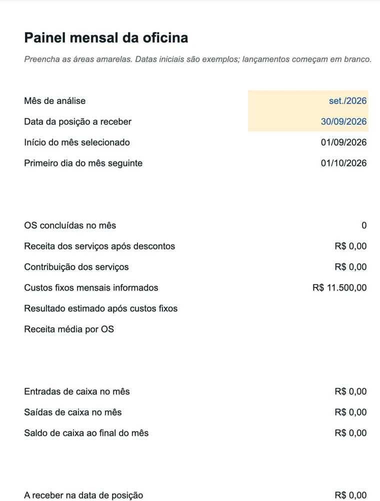 Prévia da planilha de controle