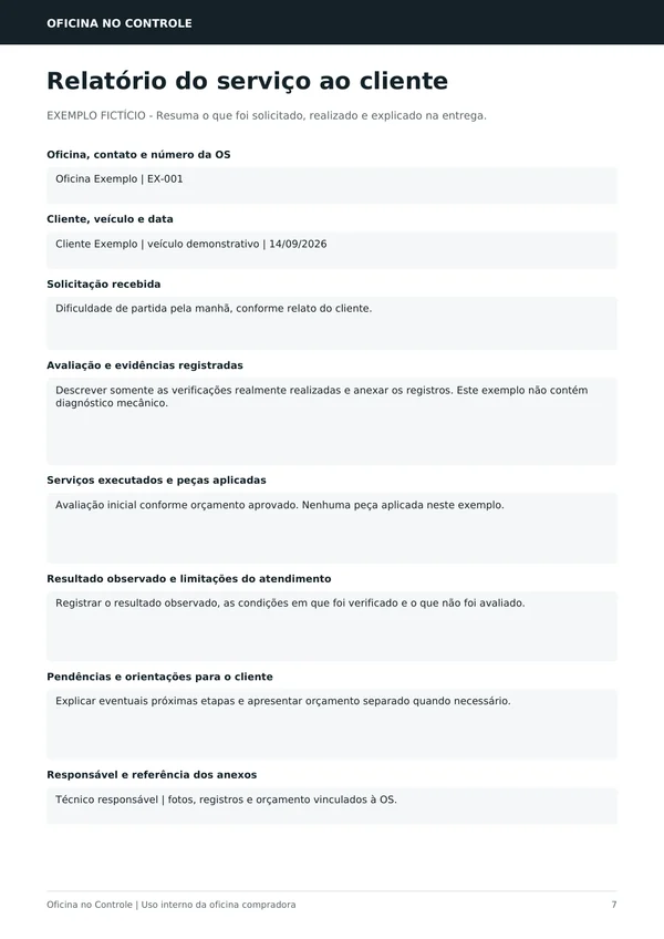Relatório de serviço preenchido com um exemplo fictício